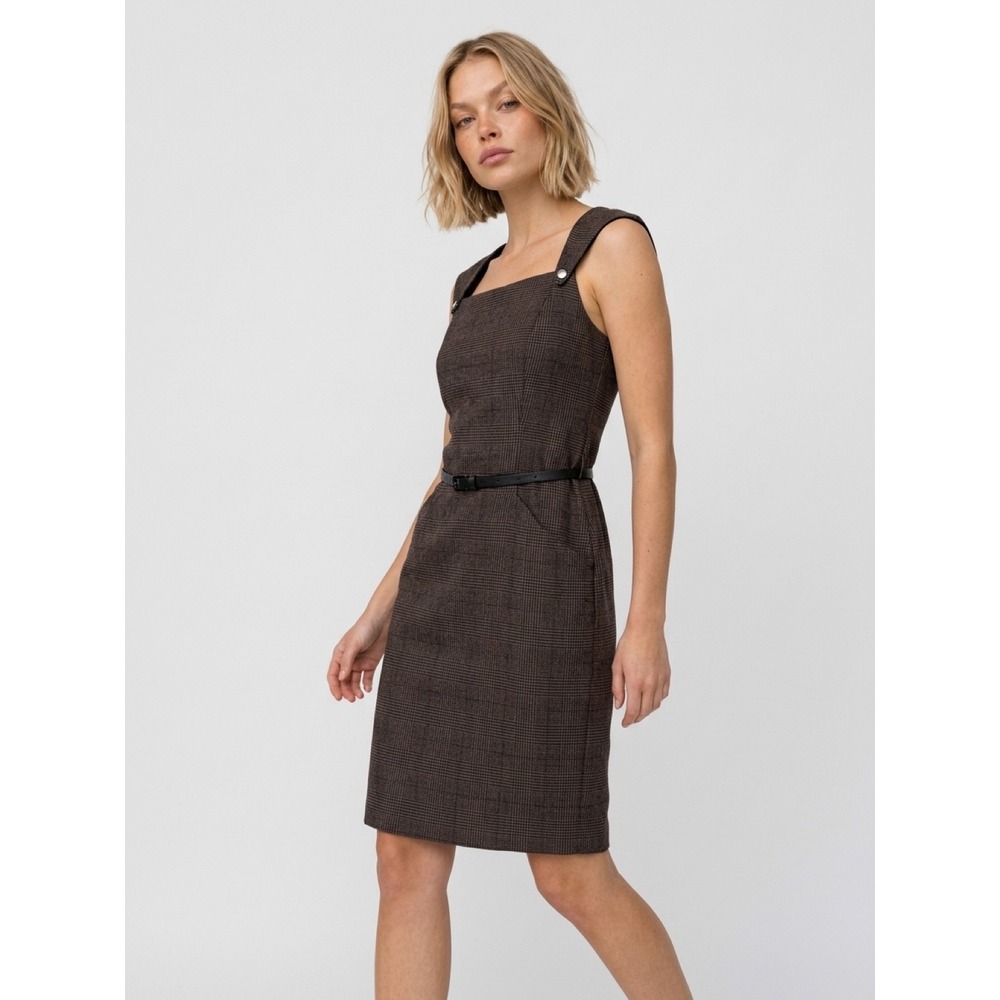 Evan-Picone Womens Brown Glen Plaid Belted Sheath Dress Size 8 Square Neck